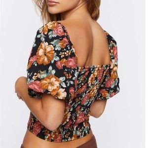 Floral crop top blouse orange black square neck short sleeve Large